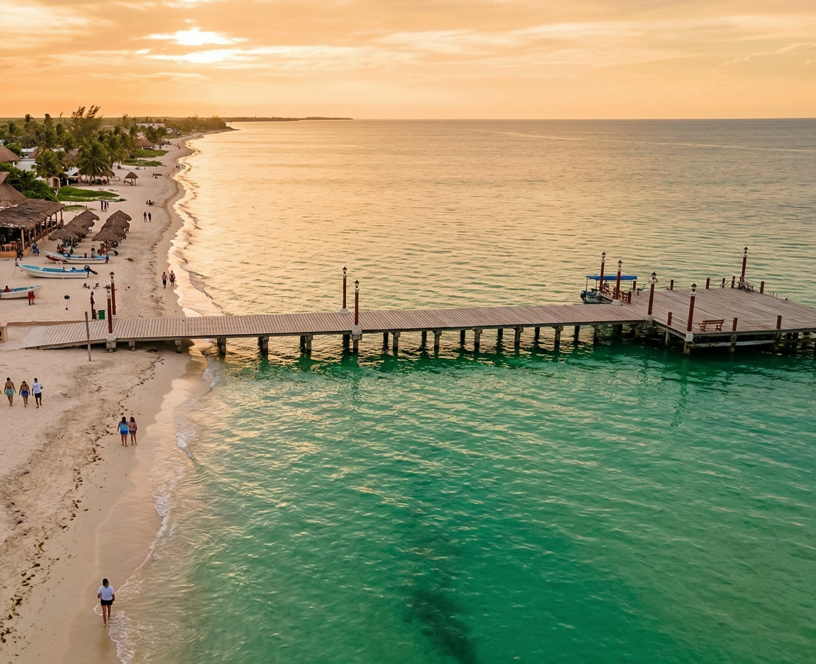 Sisal puerto, Riviera Maya playa con muelle de madera y lanchas de paseo. Paisaje de playa en Mérida con personas caminando a la orilla del mar. Océano turquesa con palapas sobre la arena.
