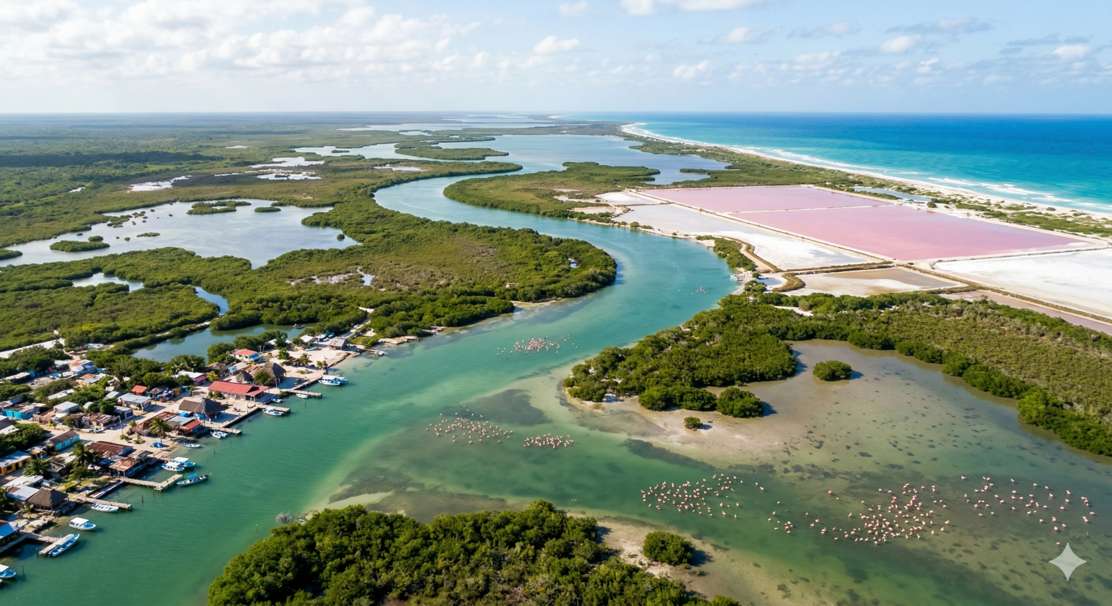 Río y laguna fotografía panorámica con dron, flamingos en el agua. Se observa la playa rosa Las Coloradas en Yucatán, cerca de Mérida.