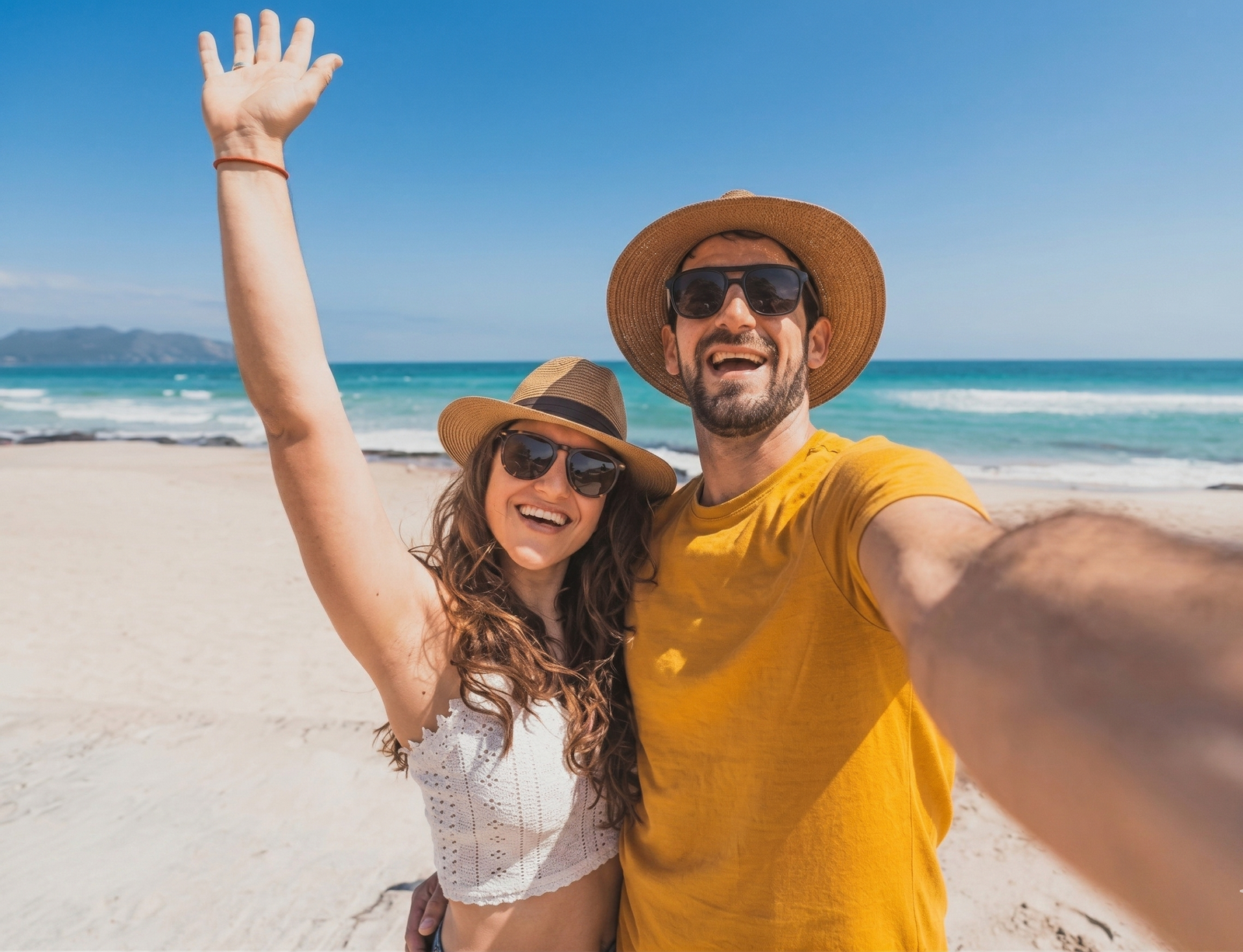 Fotografía que muestra a una pareja (mujer y hombre) sonriendo y disfrutando de un viaje en la Riviera Maya, México. Ambos usan lentes de sol y sombreros, con un fondo de arena blanca y mar turquesa.