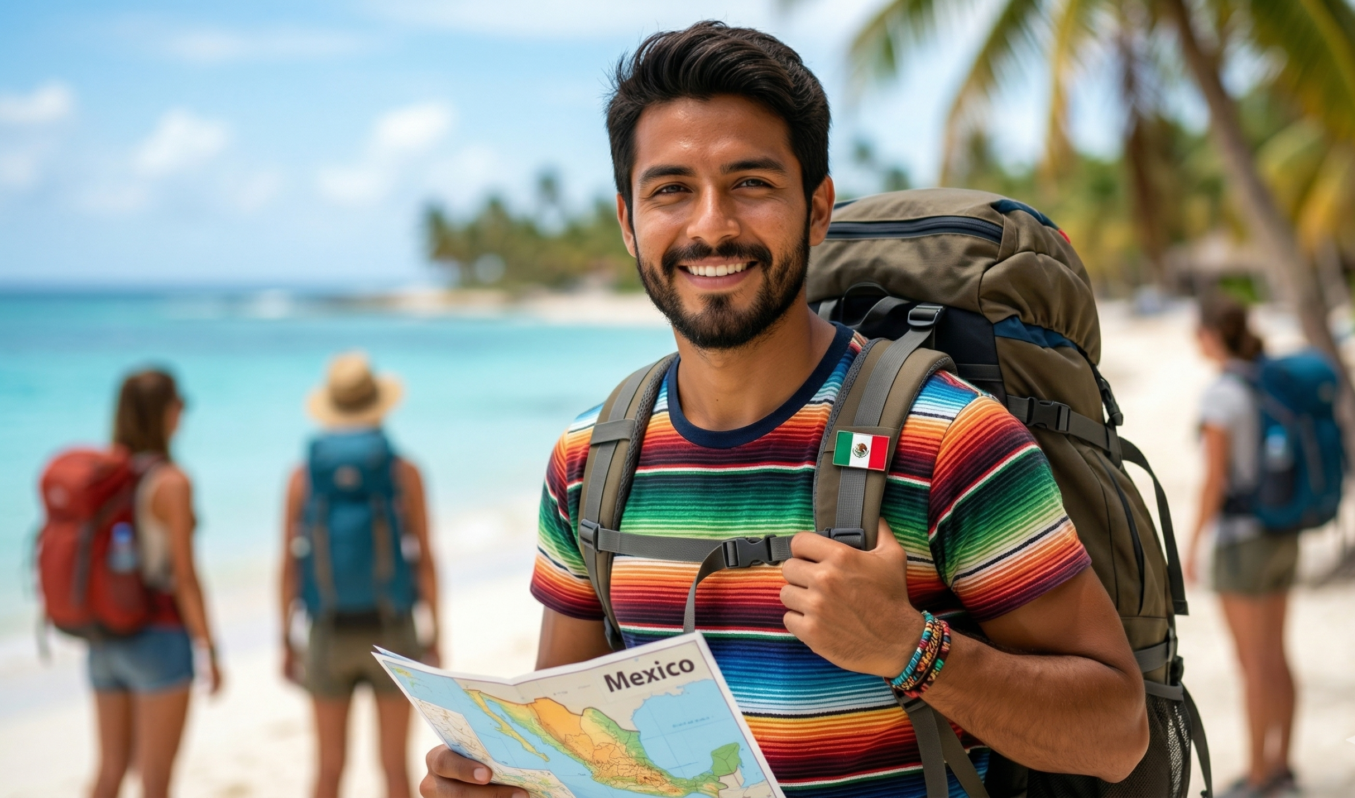 Joven mochilero con playera típica mexicana sonriendo a la cámara con un mapa de México en las manos y una mochila café de pie en una playa de arena blanca con mar turquesa y palmeras al fondo.