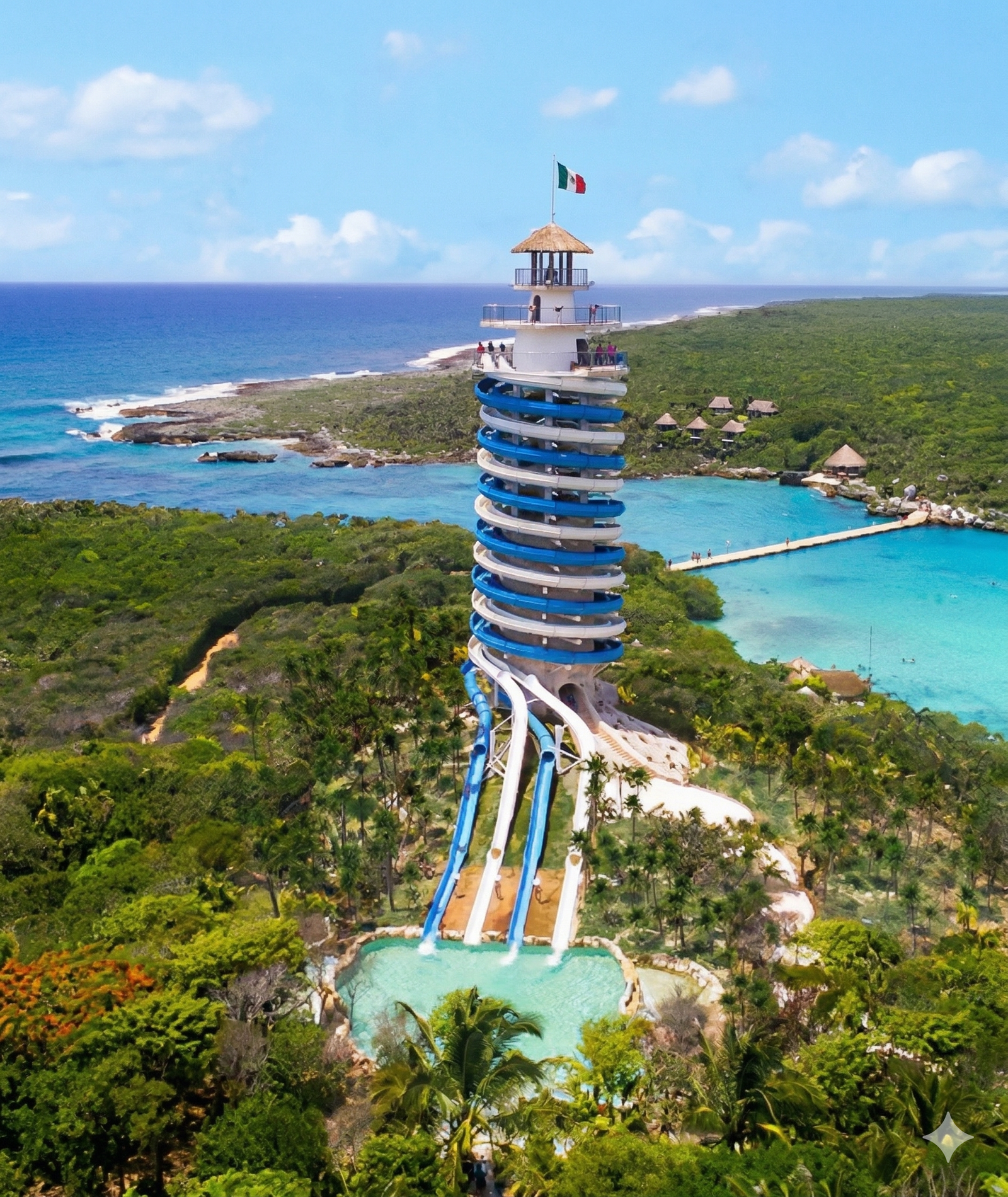 Fotografía panorámica del Faro Mirador en el parque ecoturístico Xel-Há, Riviera Maya. Muestra la estructura azul y blanca con toboganes en espiral, en medio de selva tropical frente al Mar Caribe.