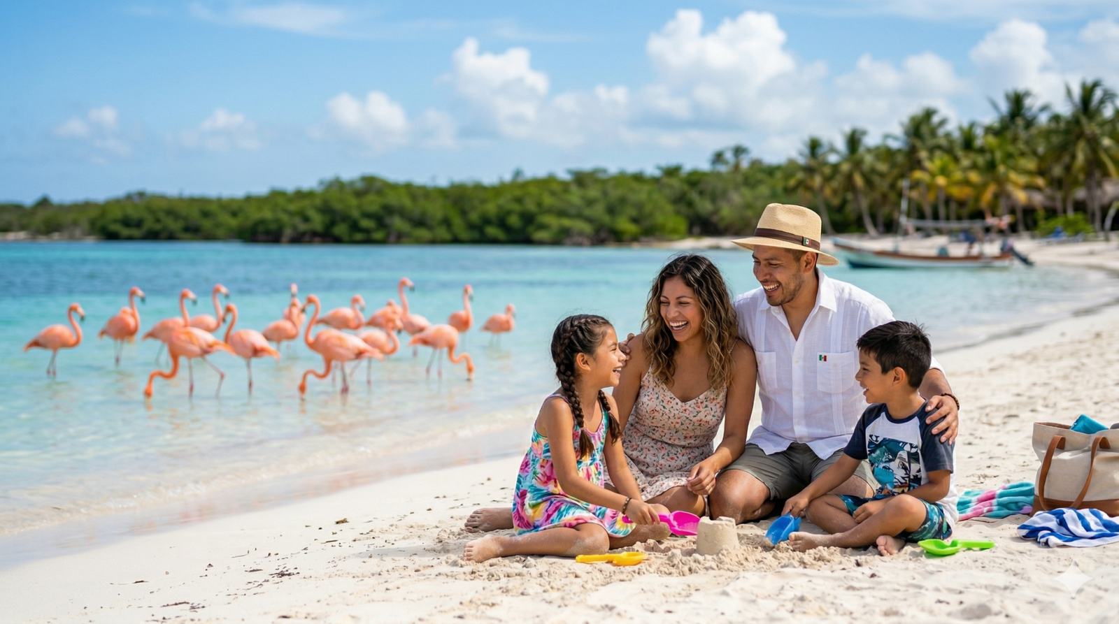 Fotografía de mamá, papá, hija e hijo disfrutando de unas vacaciones en la costa de Yucatán, México. Los niños juegan en la arena mientras se observa una parvada de flamingos en el agua cristalina de Celestún.