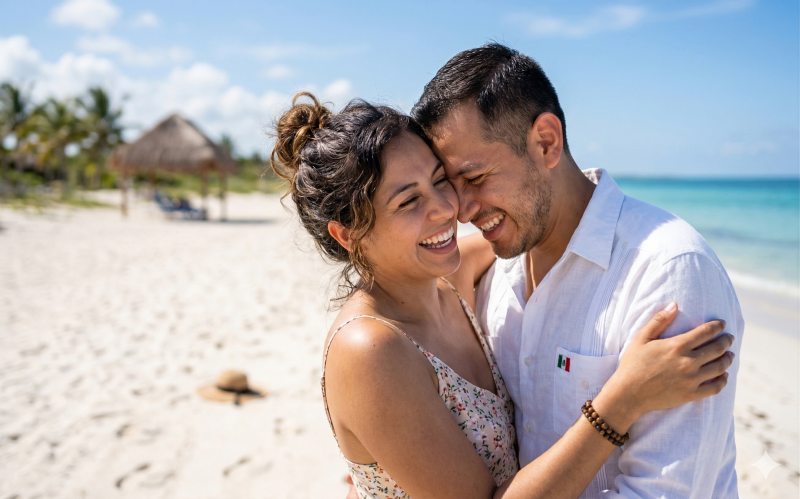 Fotografía de una pareja joven sonriendo y abrazándose en la costa de México. El hombre viste una camisa guayabera. Al fondo el mar turquesa y la arena blanca. De luna de miel, viajes en pareja y turismo romántico en la Península de Yucatán.