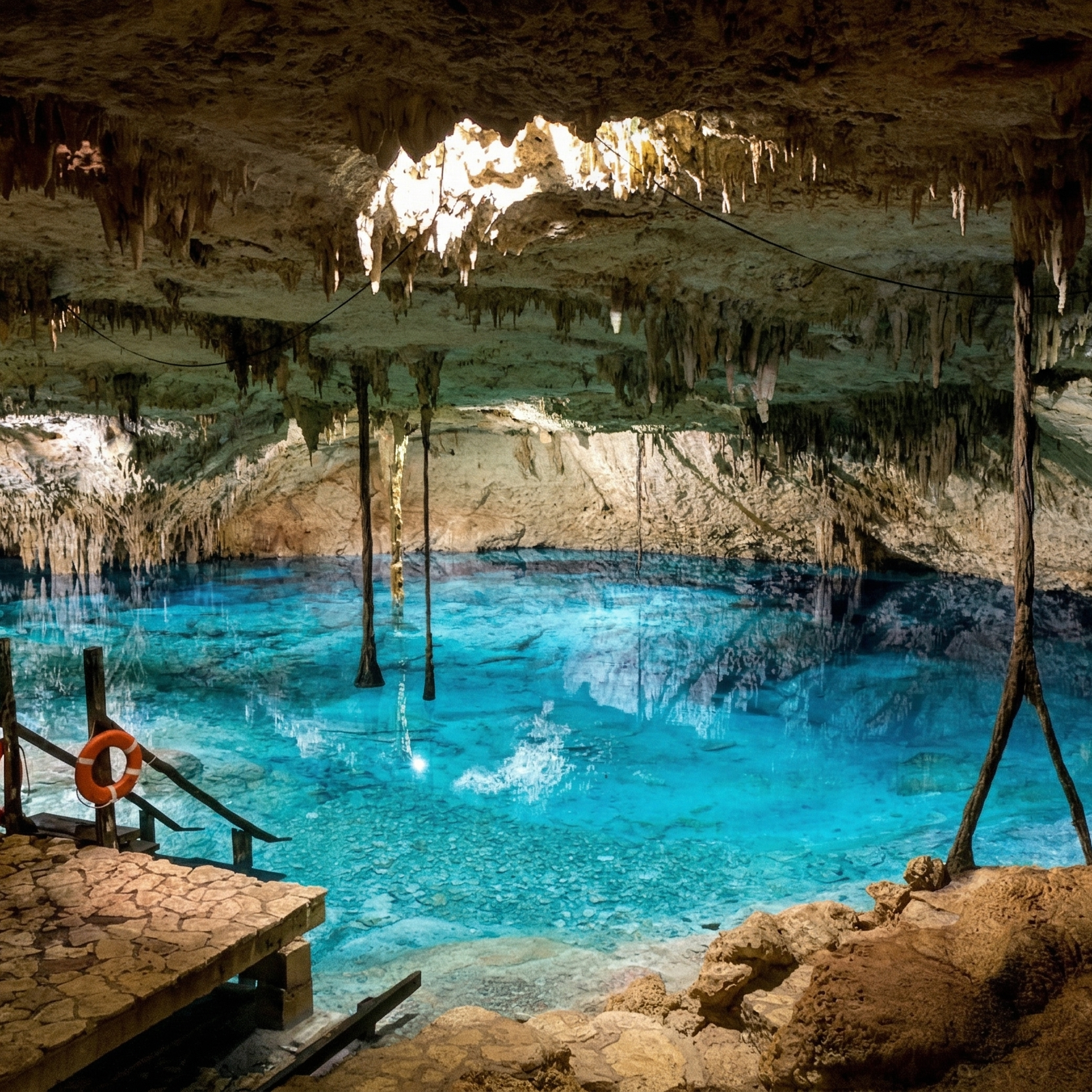 Cenote Taak Bi Ha cerca de **Cancún-México**, con aguas cristalinas y estalactitas.