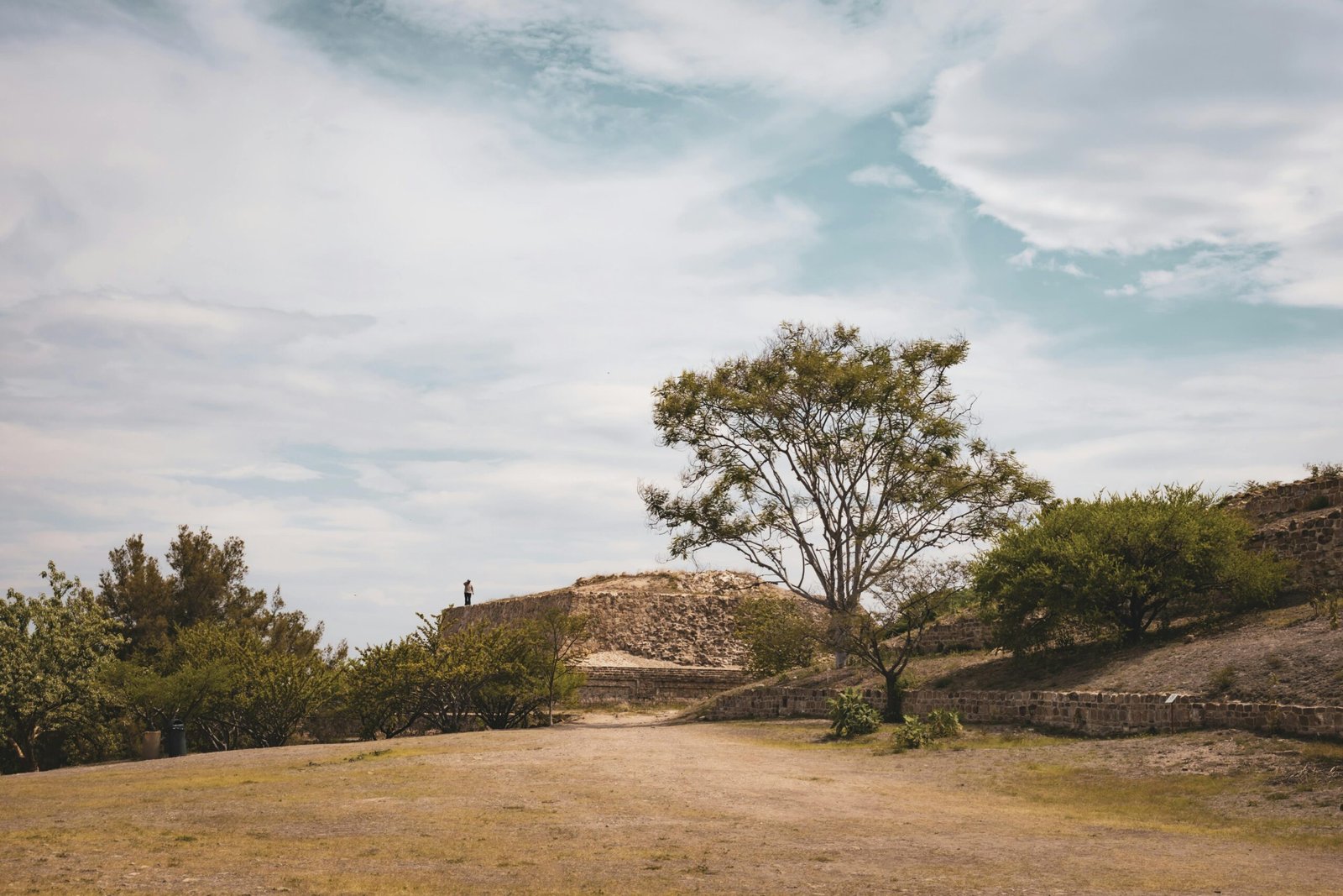 Zona arquelógica de Monte Albán en Oaxaca con paisaje natural y estructuras prehispánicas zapotecas